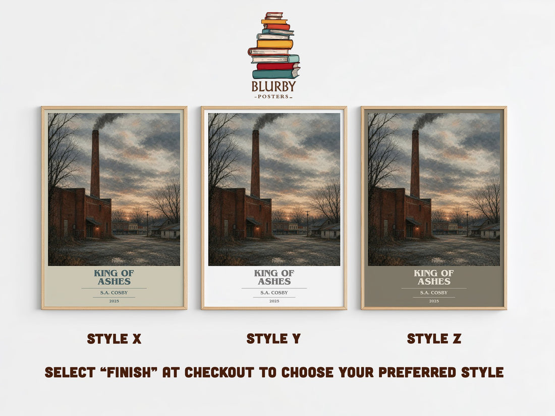 King of Ashes book cover print in frame leaning in hallway – crime wall art (mockup)