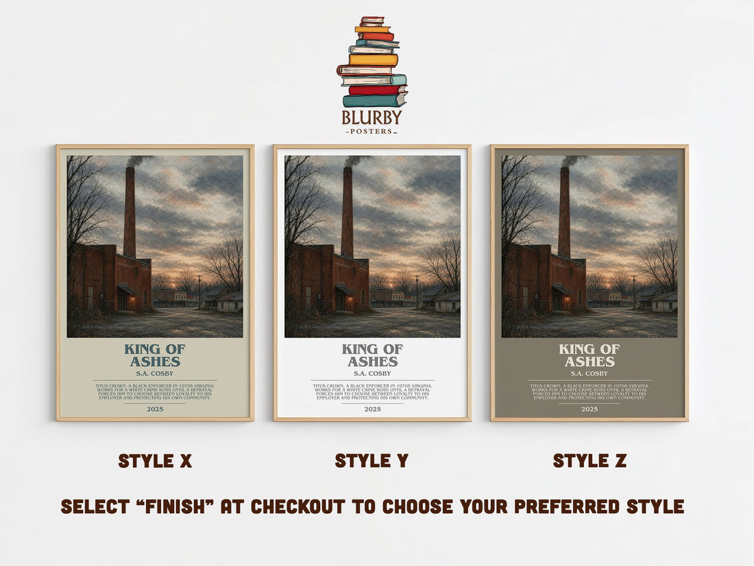 King of Ashes bookish print in frame leaning in hallway – crime wall art (mockup)