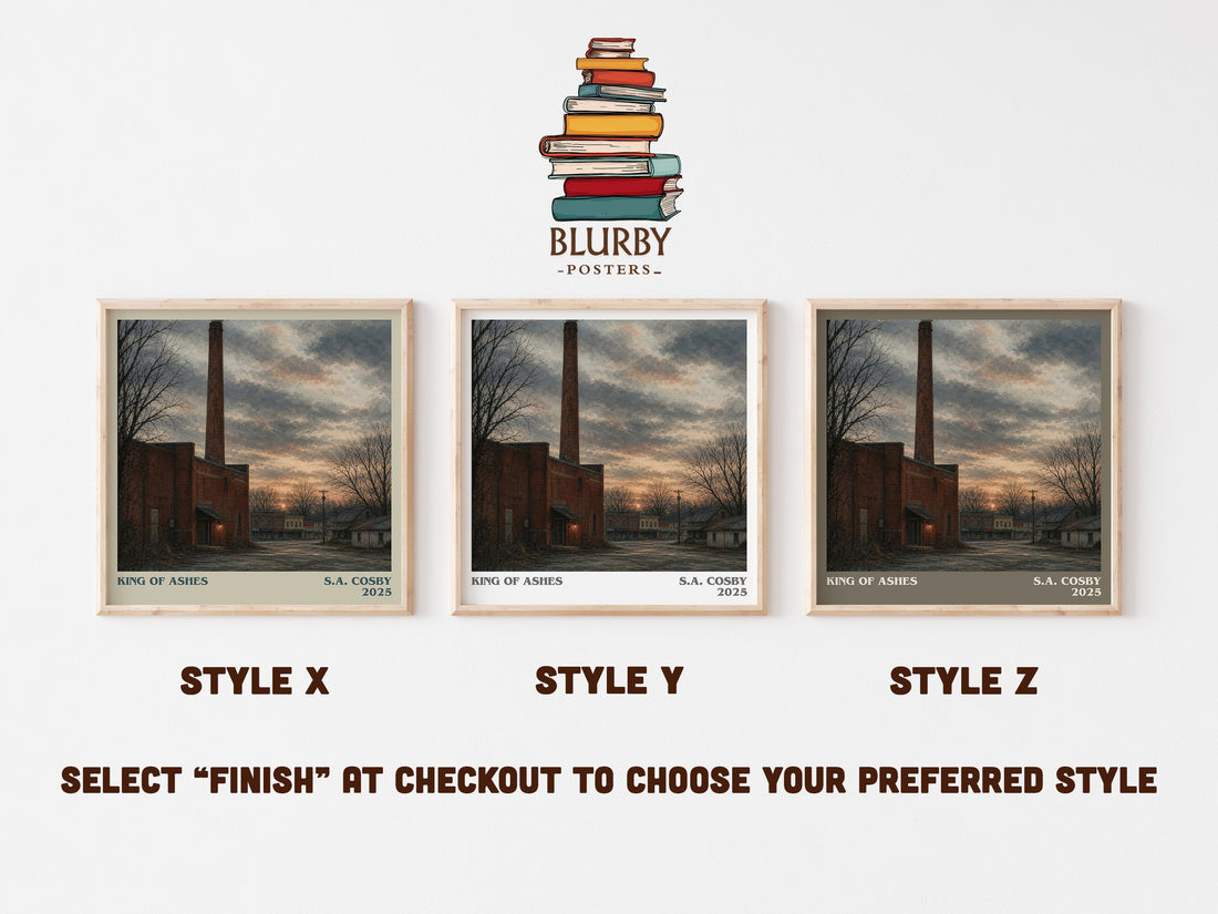 King of Ashes literary print in frame leaning in hallway – crime wall art (mockup)