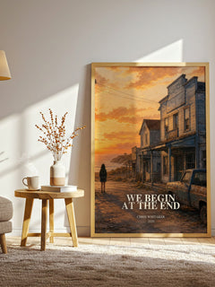 We Begin at the End watercolour print in frame leaning in hallway – crime wall art