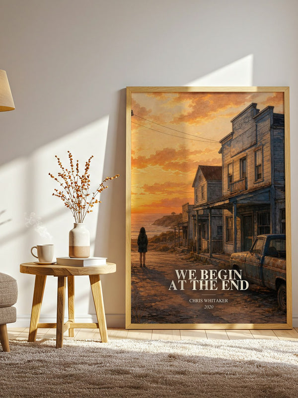We Begin at the End watercolour print in frame leaning in hallway – crime wall art