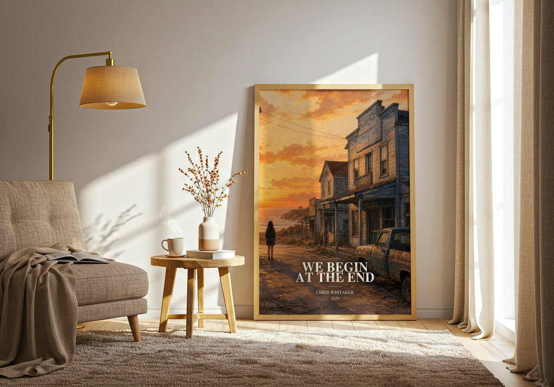 We Begin at the End watercolour print in frame leaning in hallway – crime wall art (mockup)