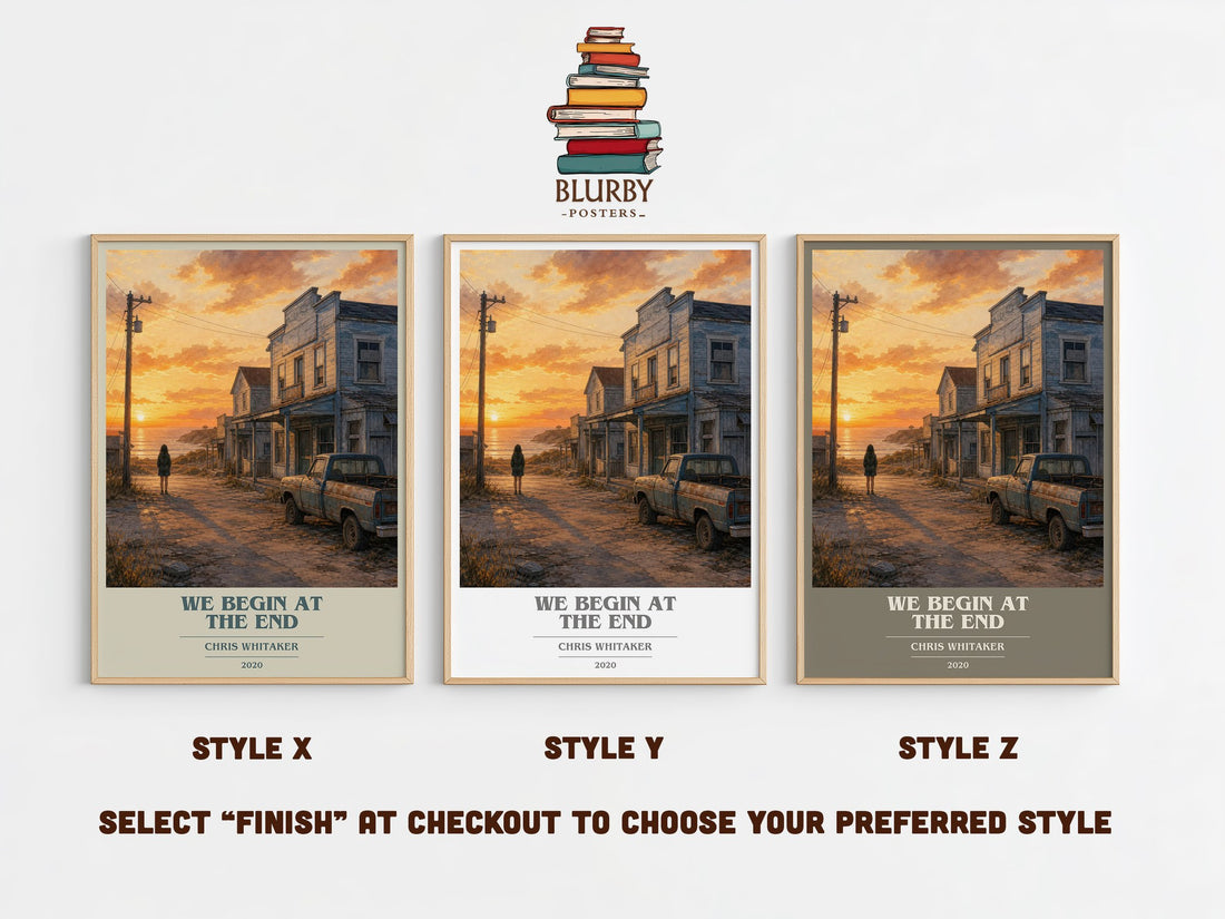 We Begin at the End book cover print in frame leaning in hallway – crime wall art (mockup)
