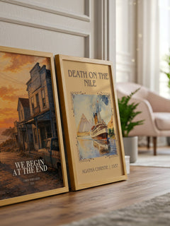 We Begin at the End watercolour print framed by window – literary home decor