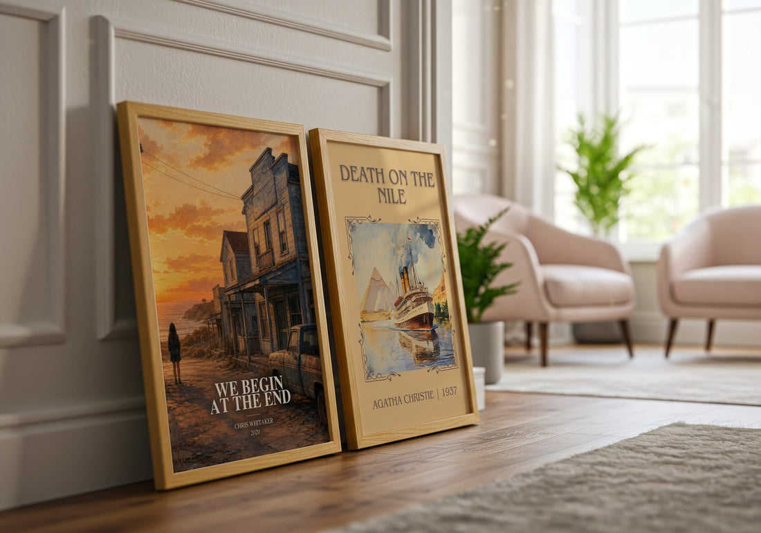 We Begin at the End watercolour print framed by window – literary home decor