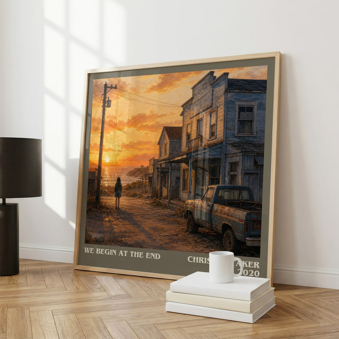 We Begin at the End literary print framed by window – literary home decor