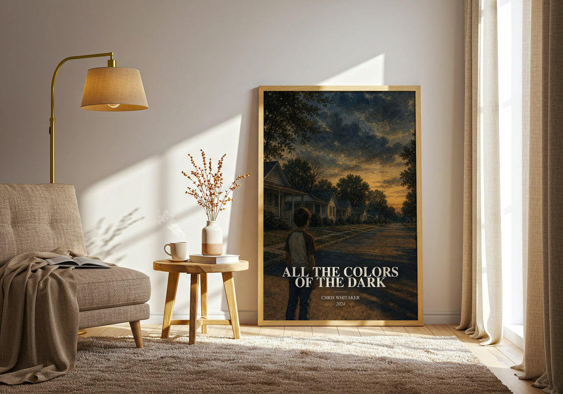 All the Colors of the Dark watercolour print in frame leaning in hallway – mystery wall art (mockup)