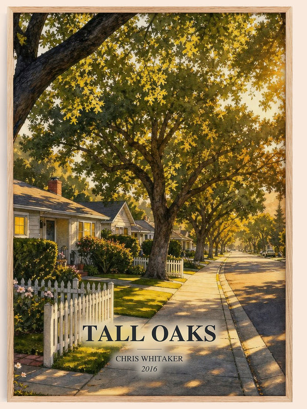 Tall Oaks watercolour book poster by Chris Whitaker – framed literary art print