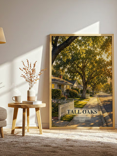 Tall Oaks watercolour print in frame leaning in hallway – thriller wall art