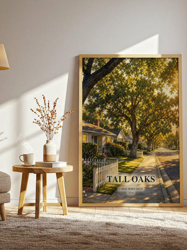 Tall Oaks watercolour print in frame leaning in hallway – thriller wall art
