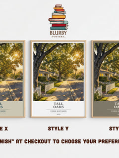 Tall Oaks book cover print in frame leaning in hallway – thriller wall art