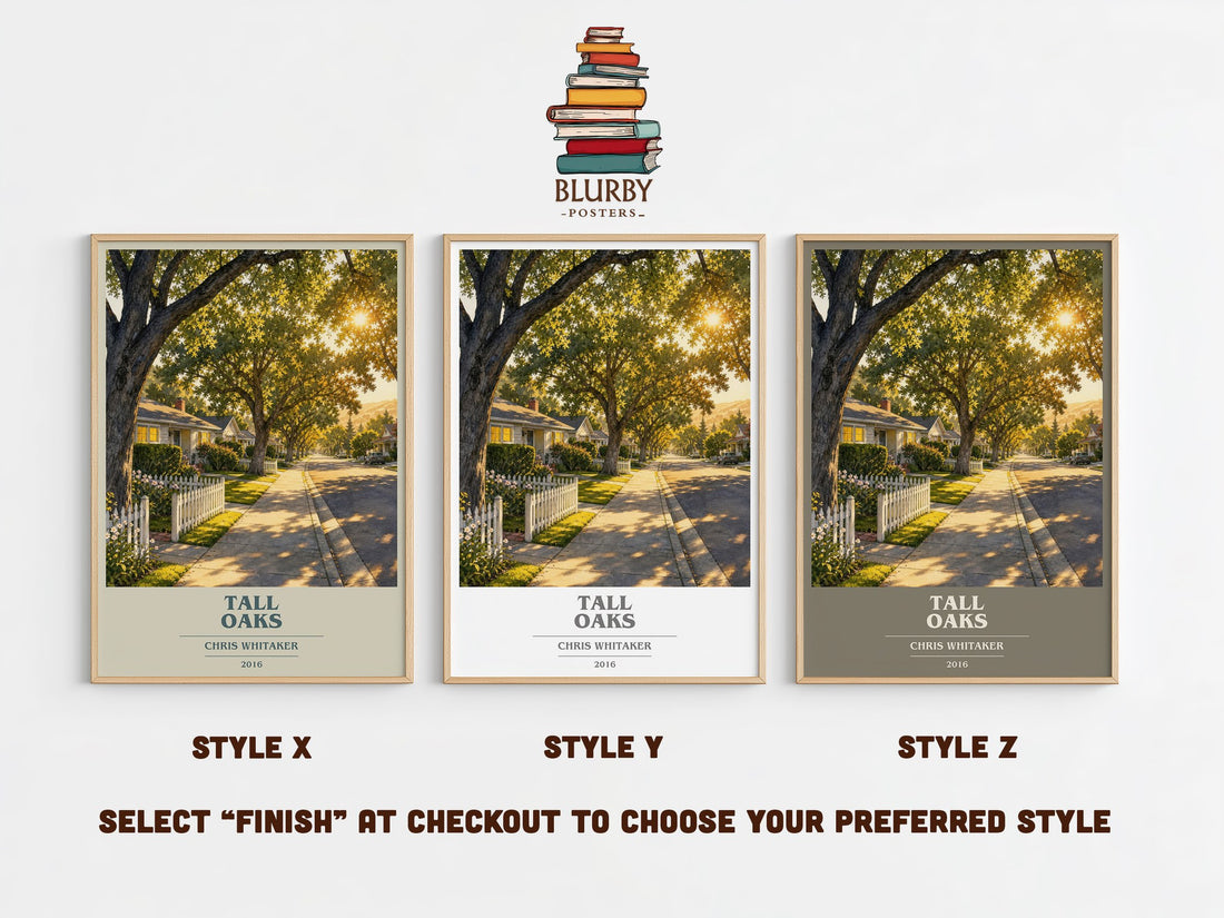 Tall Oaks book cover print in frame leaning in hallway – thriller wall art (mockup)