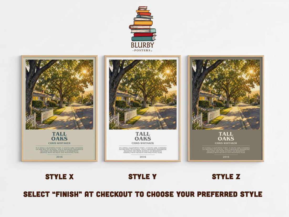 Tall Oaks bookish print in frame leaning in hallway – thriller wall art (mockup)