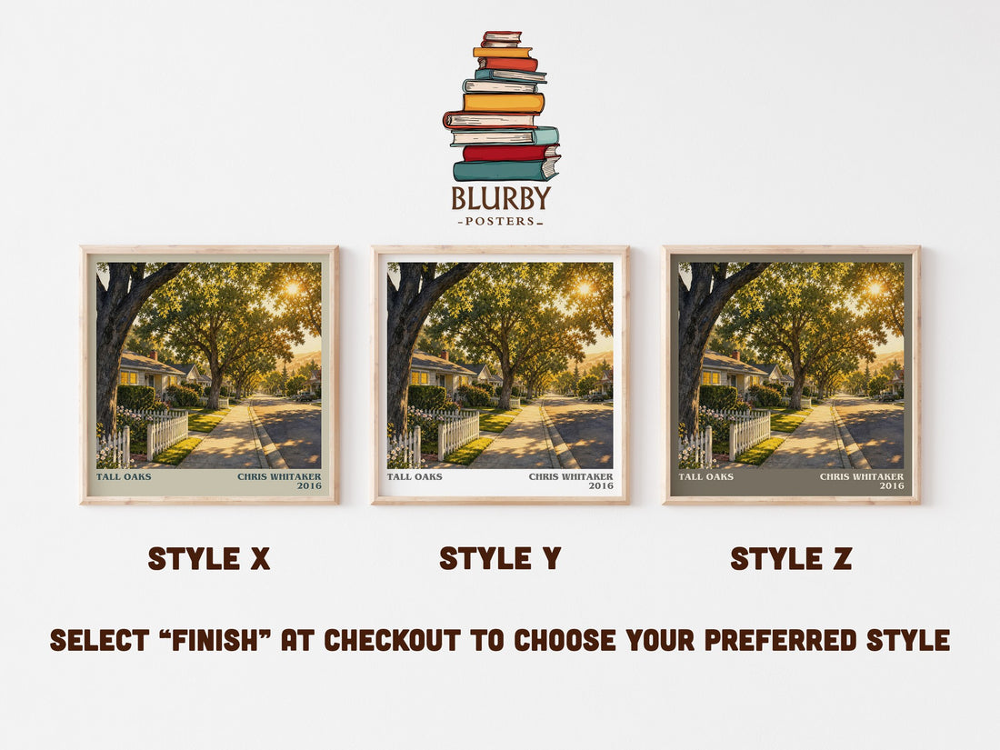 Tall Oaks literary print in frame leaning in hallway – thriller wall art (mockup)