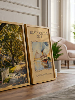 Tall Oaks watercolour print framed by window – literary home decor