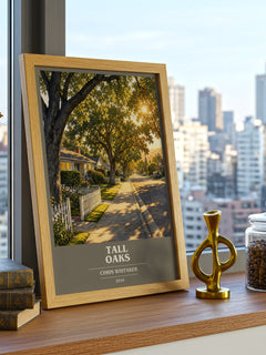 Tall Oaks book cover print framed by window – literary home decor