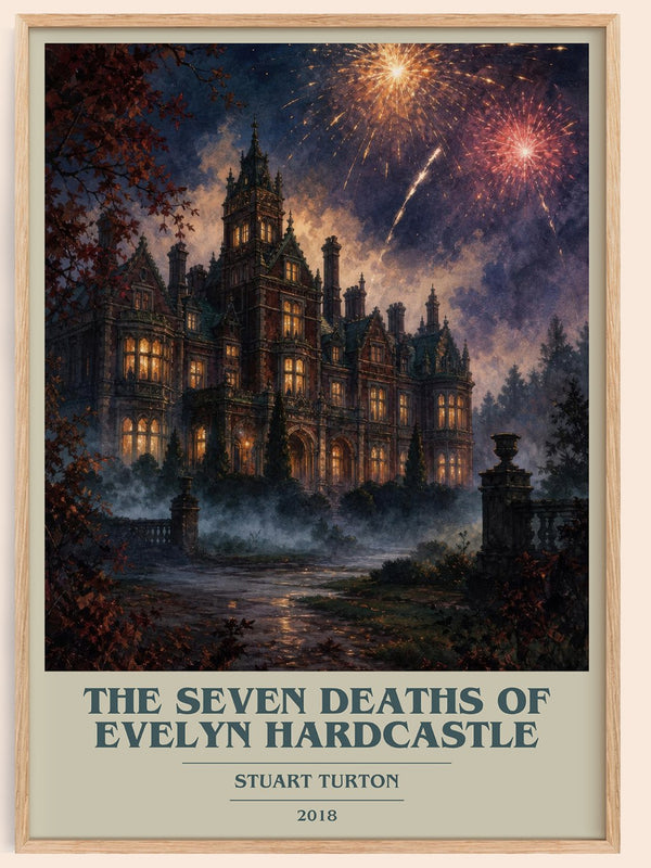 The Seven Deaths of Evelyn Hardcastle book cover book poster by Stuart Turton – framed literary art print