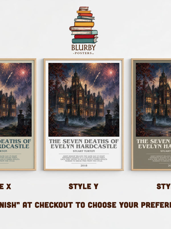 The Seven Deaths of Evelyn Hardcastle bookish print in frame leaning in hallway – mystery wall art