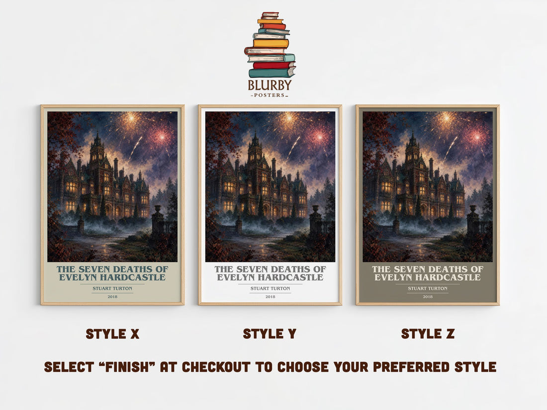 The Seven Deaths of Evelyn Hardcastle book cover print in frame leaning in hallway – mystery wall art (mockup)