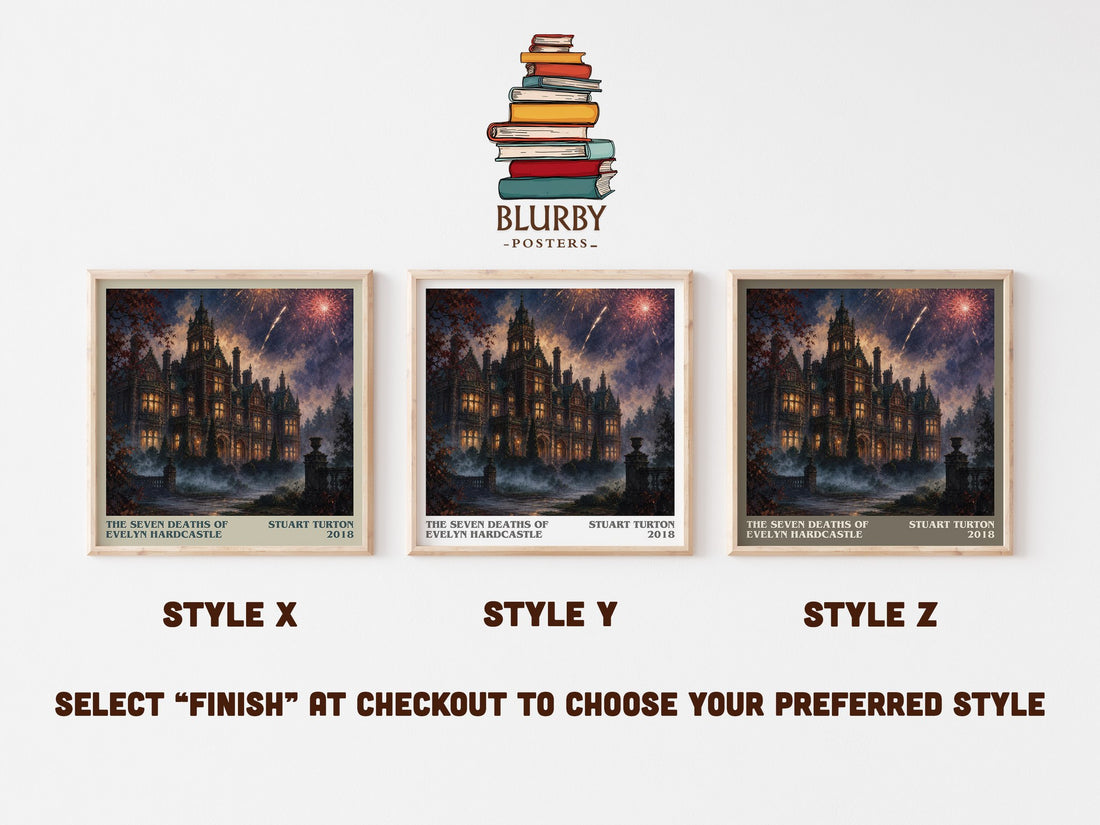 The Seven Deaths of Evelyn Hardcastle literary print in frame leaning in hallway – mystery wall art (mockup)