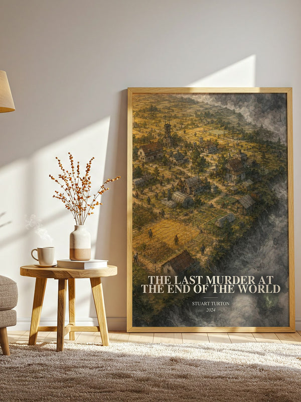 The Last Murder at the End of the World watercolour print in frame leaning in hallway – thriller wall art