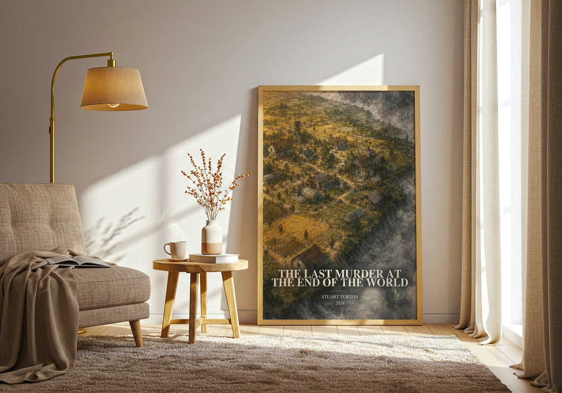 The Last Murder at the End of the World watercolour print in frame leaning in hallway – thriller wall art (mockup)