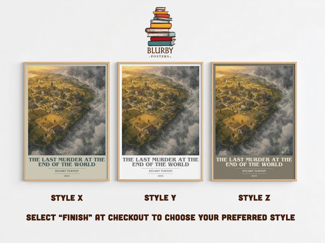 The Last Murder at the End of the World book cover print in frame leaning in hallway – thriller wall art (mockup)