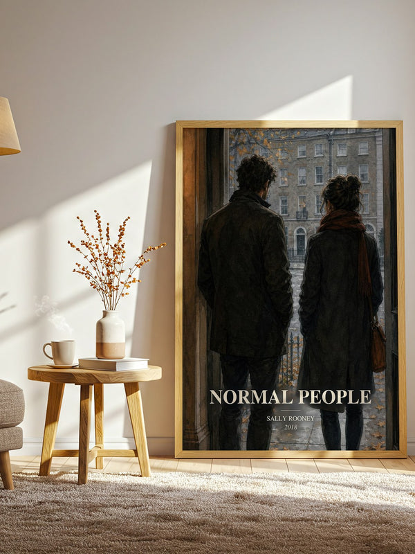 Normal People watercolour print in frame leaning in hallway – contemporary fiction wall art