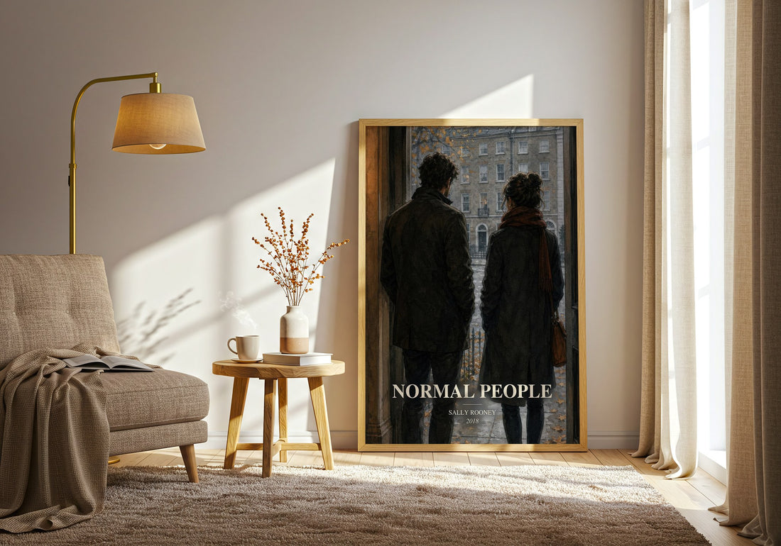 Normal People watercolour print in frame leaning in hallway – contemporary fiction wall art (mockup)