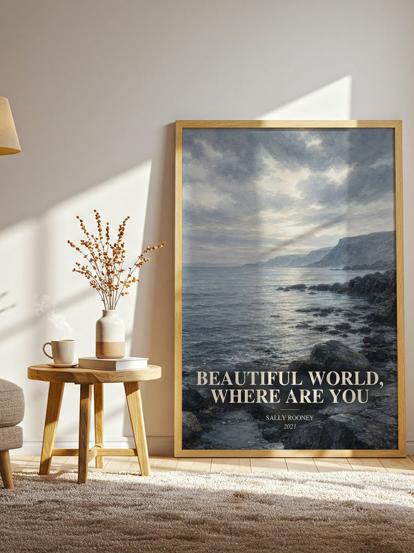 Beautiful World, Where Are You watercolour print in frame leaning in hallway – contemporary fiction wall art