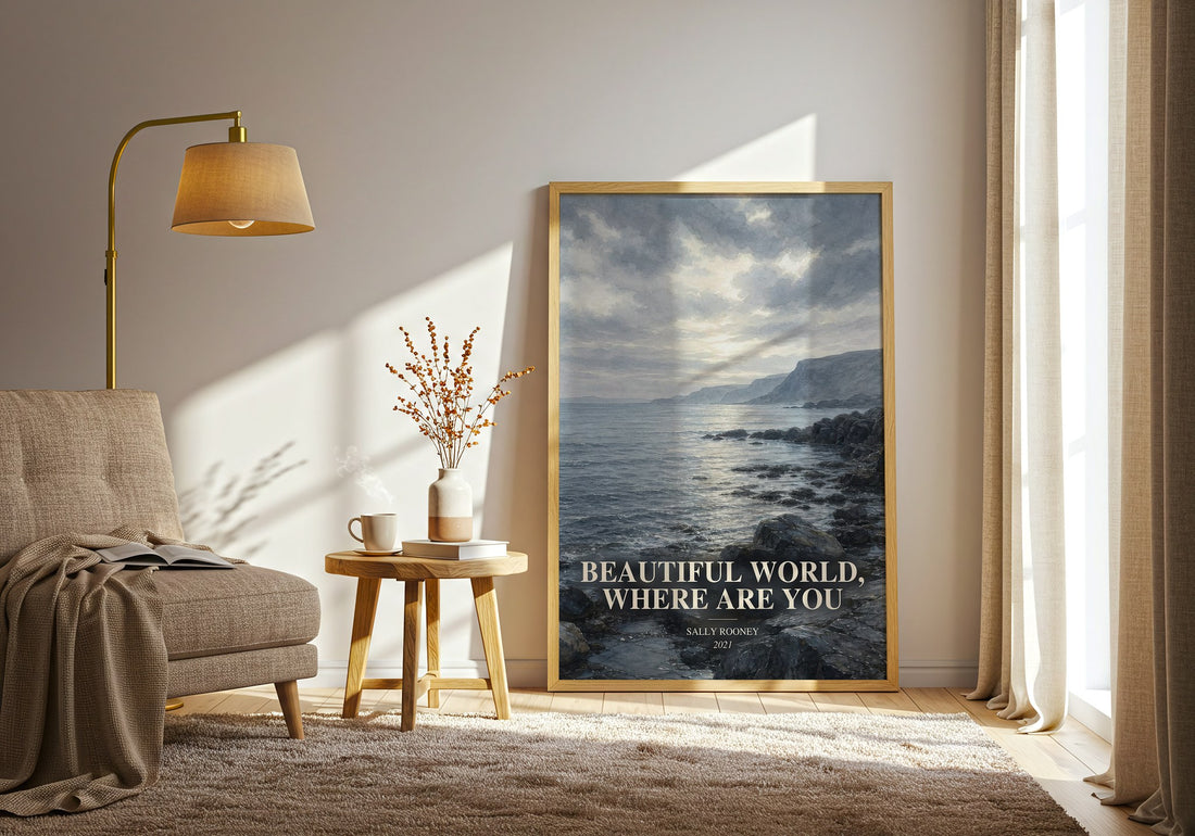 Beautiful World, Where Are You watercolour print in frame leaning in hallway – contemporary fiction wall art (mockup)