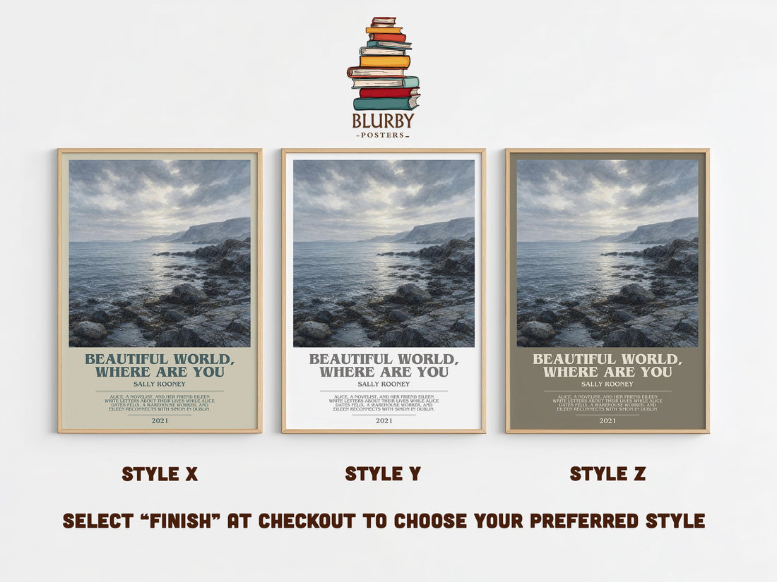 Beautiful World, Where Are You bookish print in frame leaning in hallway – contemporary fiction wall art (mockup)