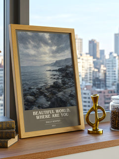 Beautiful World, Where Are You book cover print framed by window – literary home decor