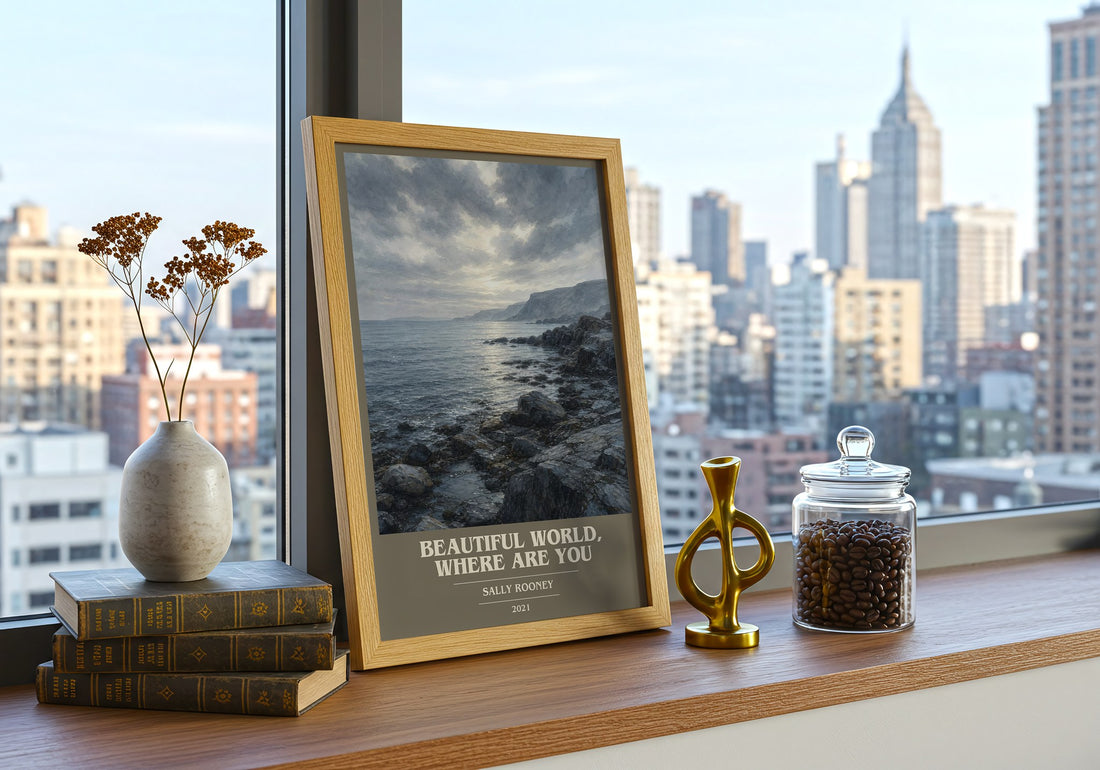 Beautiful World, Where Are You book cover print framed by window – literary home decor