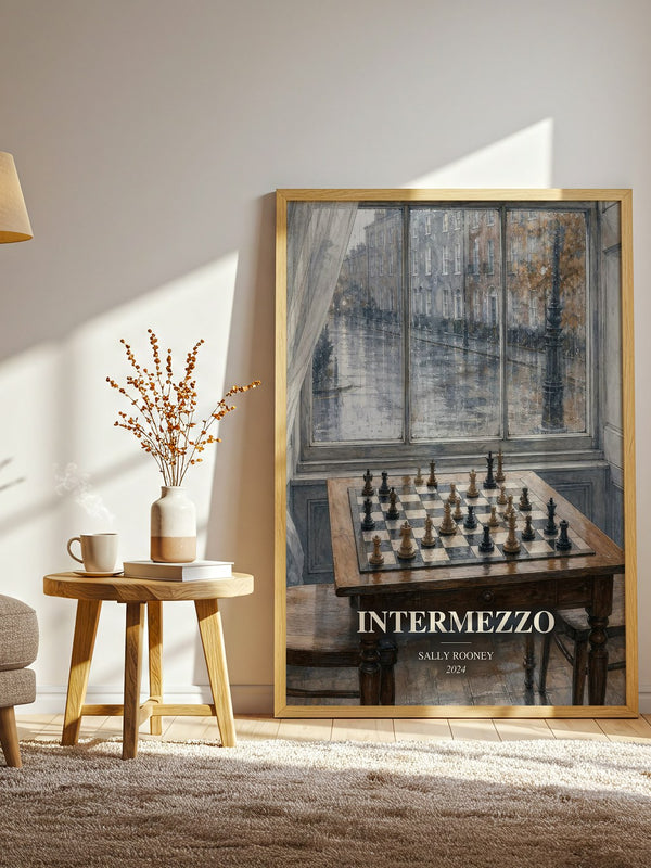 Intermezzo watercolour print in frame leaning in hallway – contemporary fiction wall art