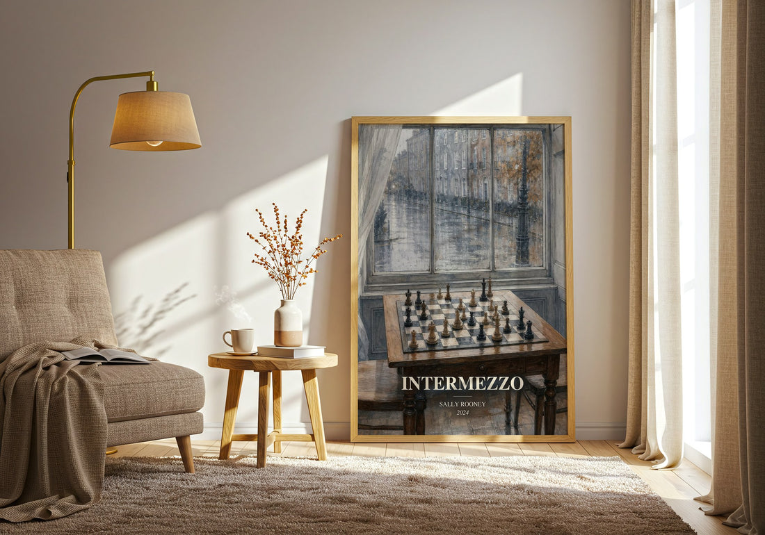 Intermezzo watercolour print in frame leaning in hallway – contemporary fiction wall art (mockup)
