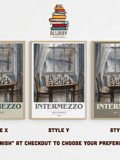 Intermezzo book cover print in frame leaning in hallway – contemporary fiction wall art