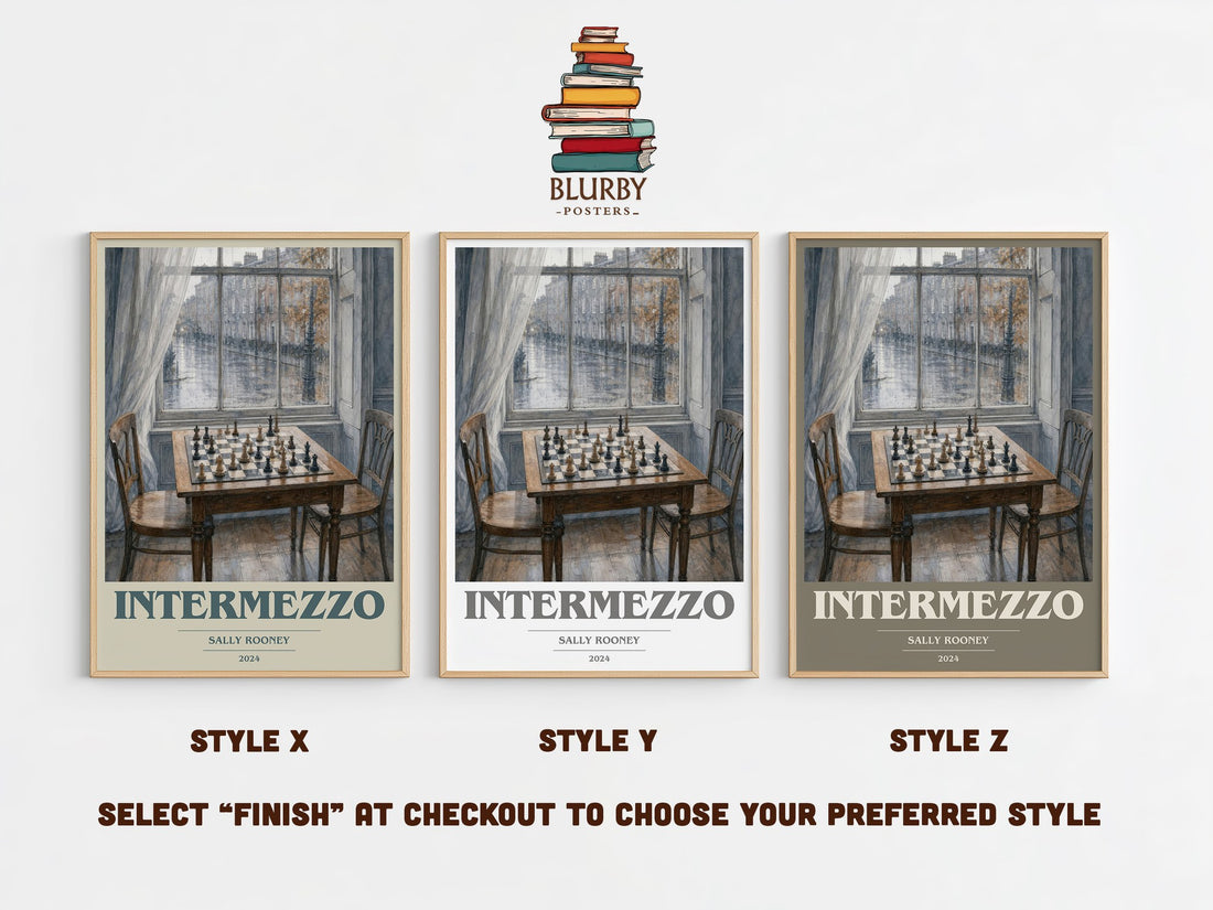 Intermezzo book cover print in frame leaning in hallway – contemporary fiction wall art (mockup)