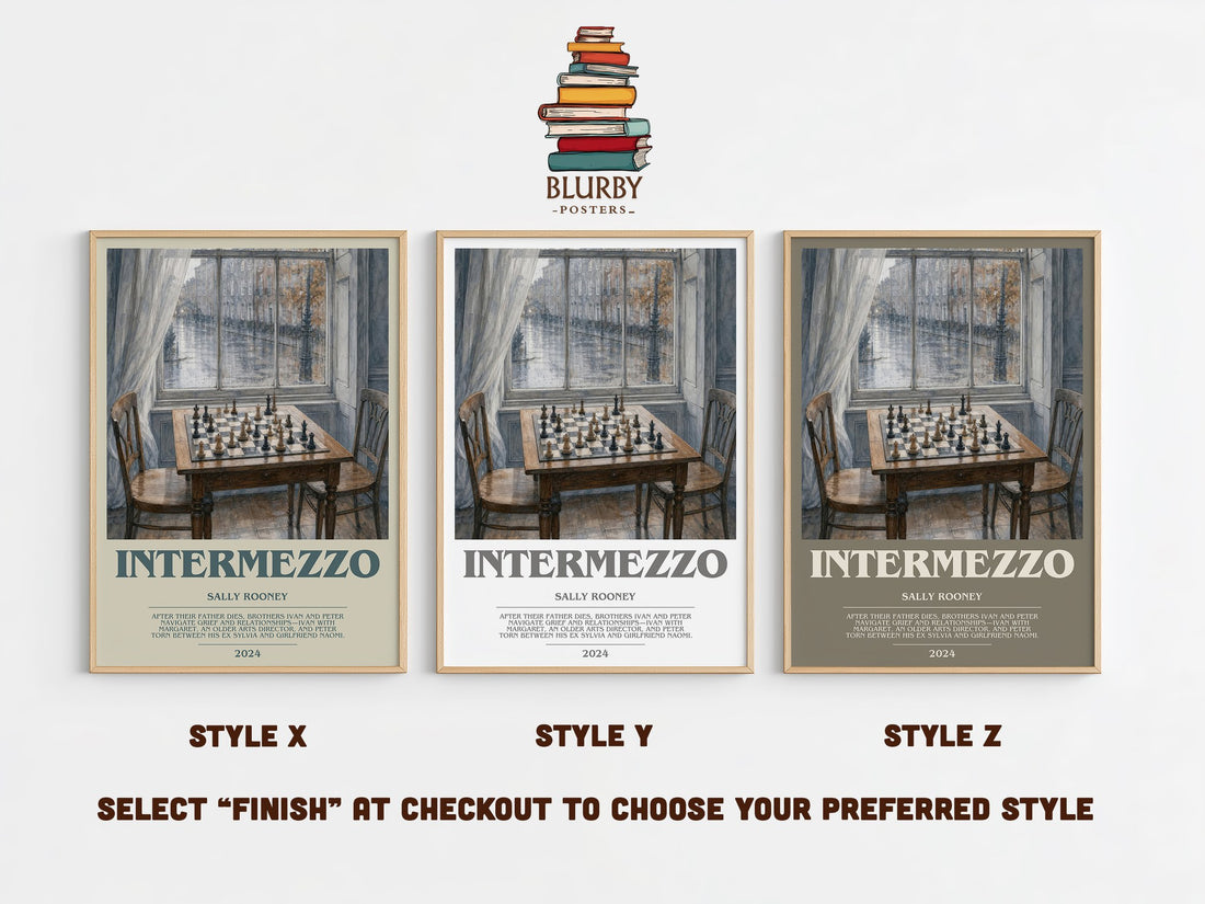 Intermezzo bookish print in frame leaning in hallway – contemporary fiction wall art (mockup)
