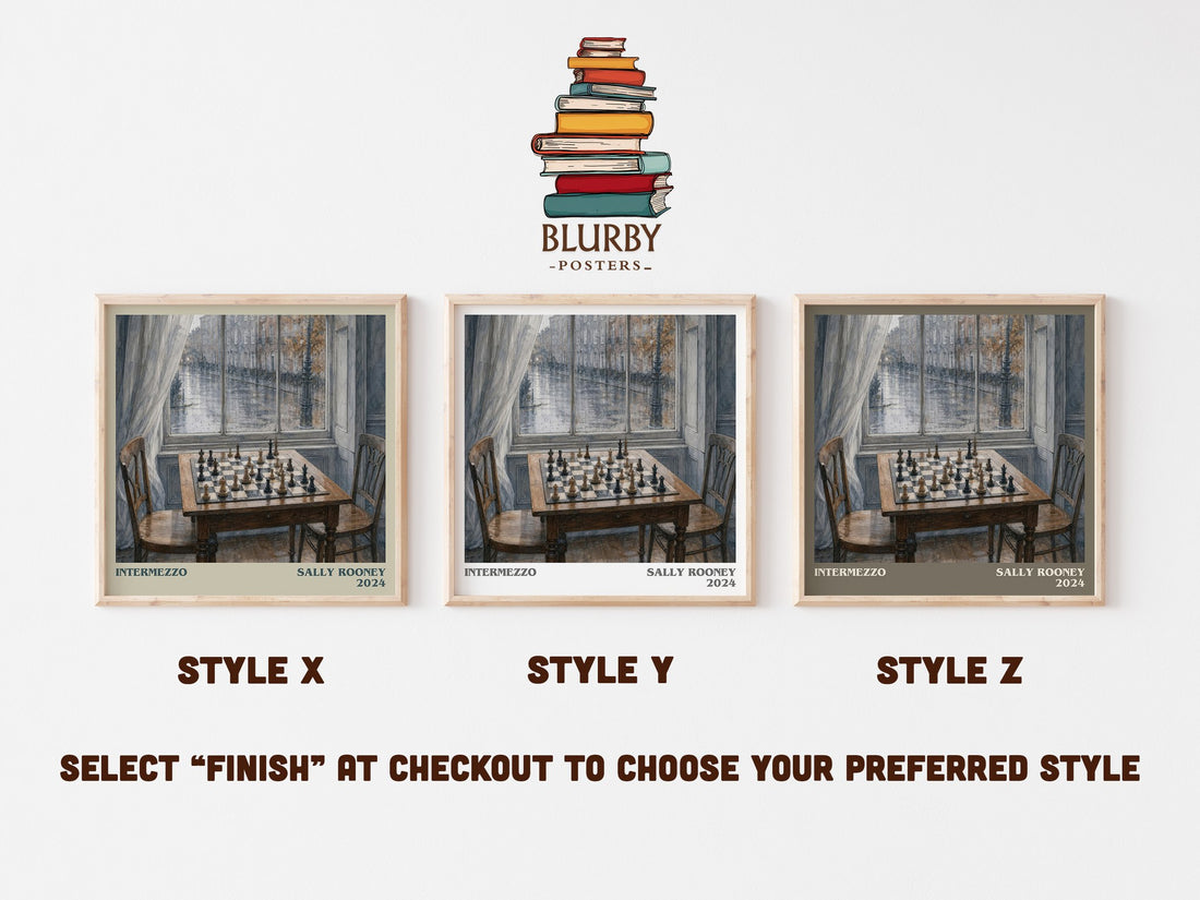 Intermezzo literary print in frame leaning in hallway – contemporary fiction wall art (mockup)