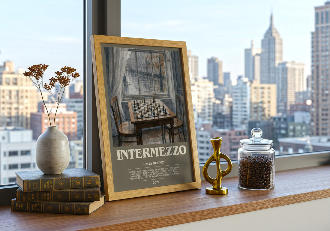 Intermezzo bookish print framed by window – literary home decor