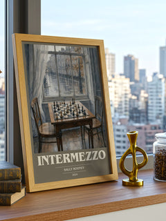 Intermezzo book cover print framed by window – literary home decor