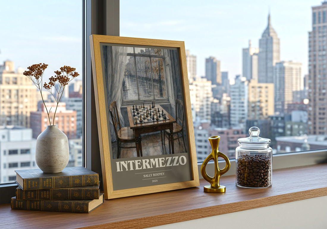 Intermezzo book cover print framed by window – literary home decor