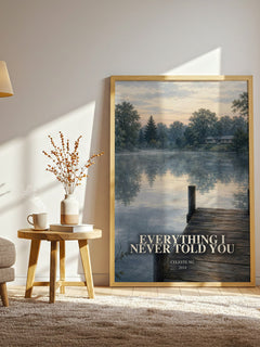 Everything I Never Told You watercolour print in frame leaning in hallway – contemporary fiction wall art