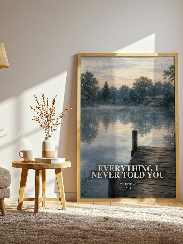 Everything I Never Told You watercolour print in frame leaning in hallway – contemporary fiction wall art