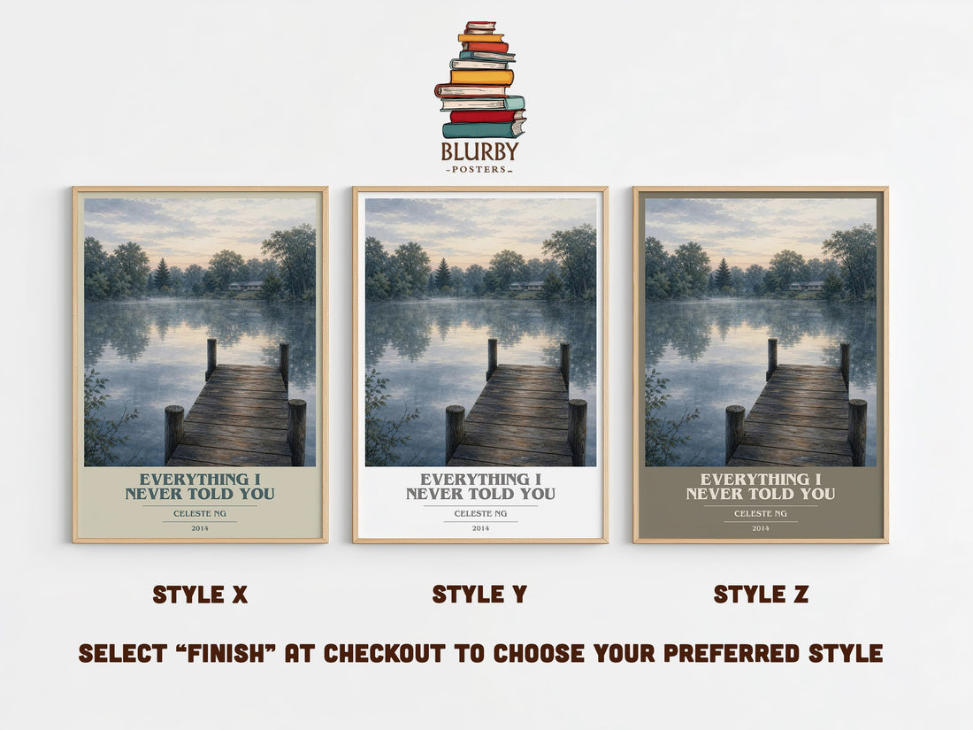 Everything I Never Told You book cover print in frame leaning in hallway – contemporary fiction wall art (mockup)