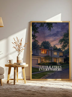 Little Fires Everywhere watercolour print in frame leaning in hallway – contemporary fiction wall art