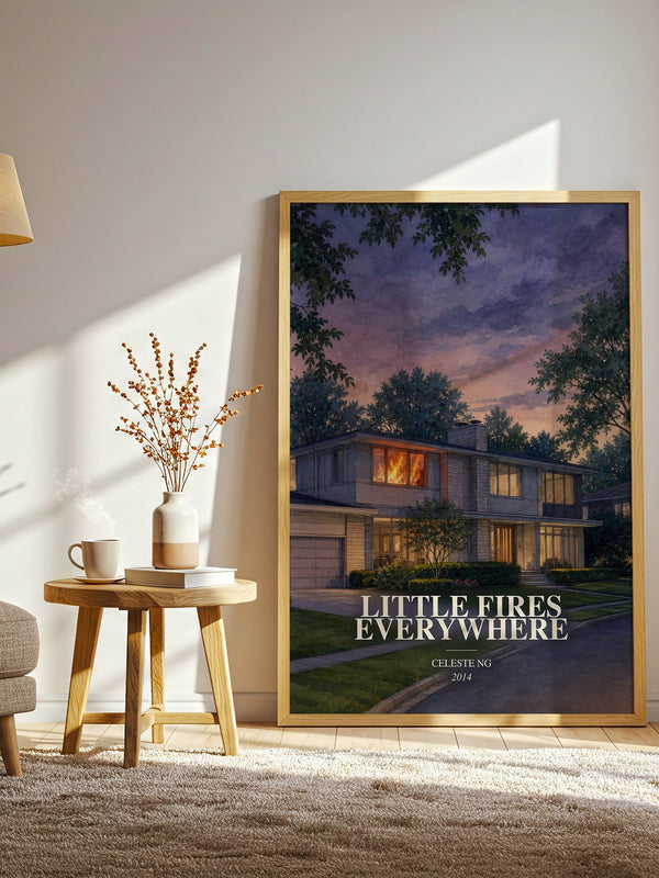 Little Fires Everywhere watercolour print in frame leaning in hallway – contemporary fiction wall art