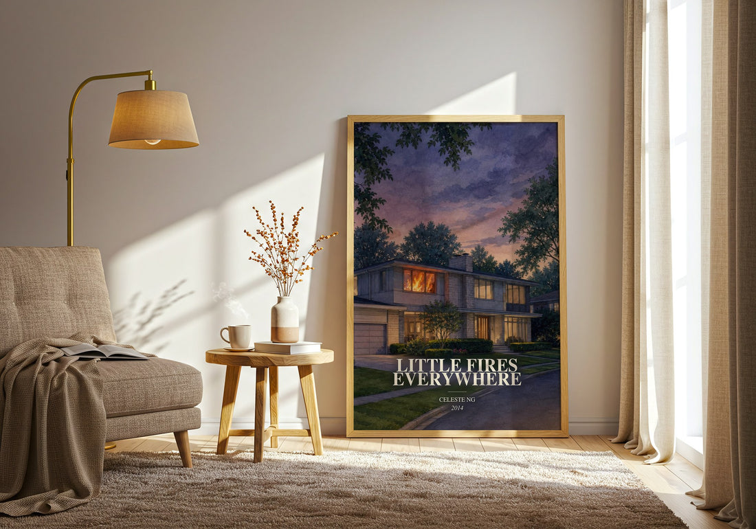 Little Fires Everywhere watercolour print in frame leaning in hallway – contemporary fiction wall art (mockup)