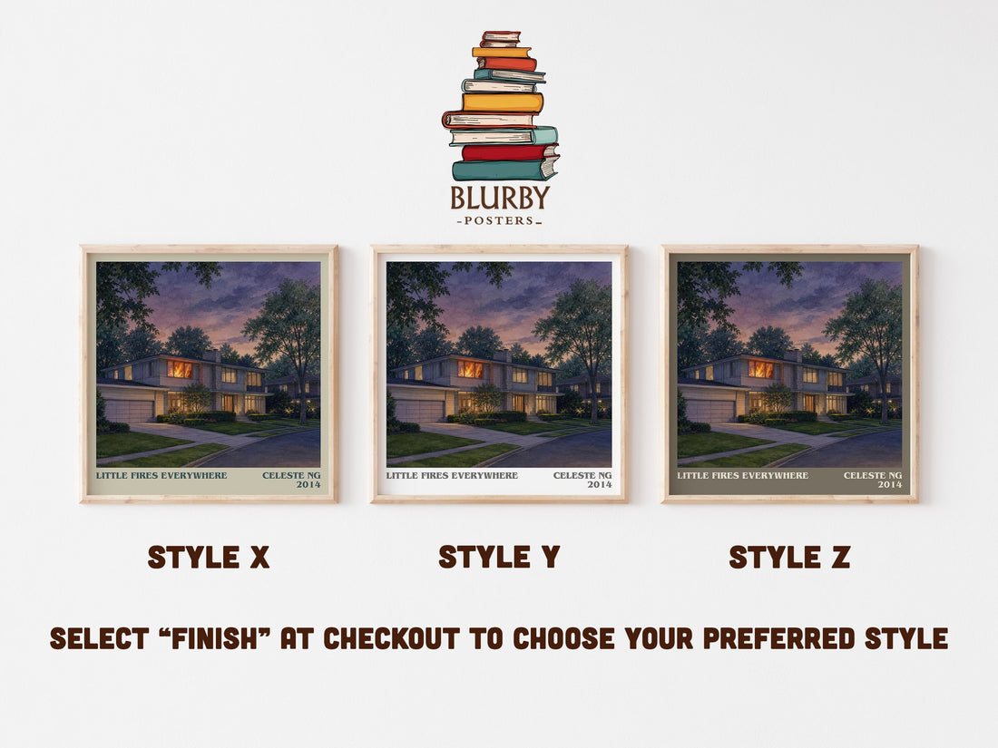 Little Fires Everywhere literary print in frame leaning in hallway – contemporary fiction wall art (mockup)
